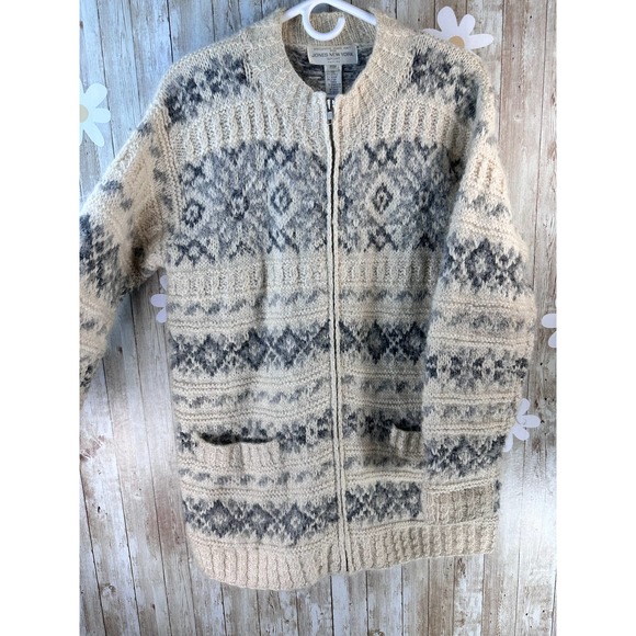 Jones‎ New York Womens Cardigan Sz L Petite Ivory Gray Hand Knit Wool Blended - Picture 4 of 11